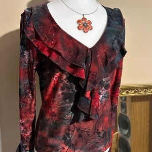 Dressbarn Red & Black Tie-Dye Long "Flowing" Sleeve Top Bold Feminine Statement
